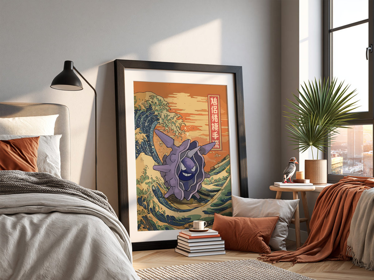 Pokemon poster featuring Cloyster with Japanese wave design in orange blue tones and Japanese characters