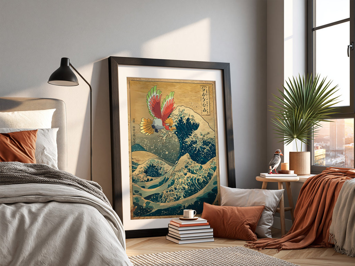 Pokemon poster featuring Ho-Oh flying above traditional Japanese waves in vibrant red, green, blue, and gold