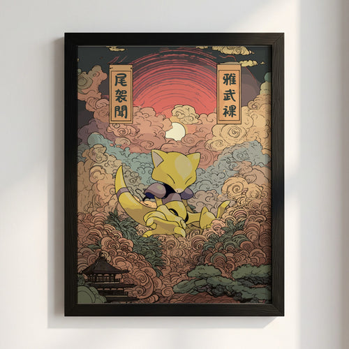 Pokemon poster featuring Abra in Japanese style with warm yellow and brown tones and Japanese calligraphy