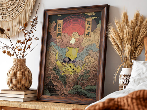 Pokemon poster featuring Abra in Japanese style with warm yellow and brown tones and Japanese calligraphy