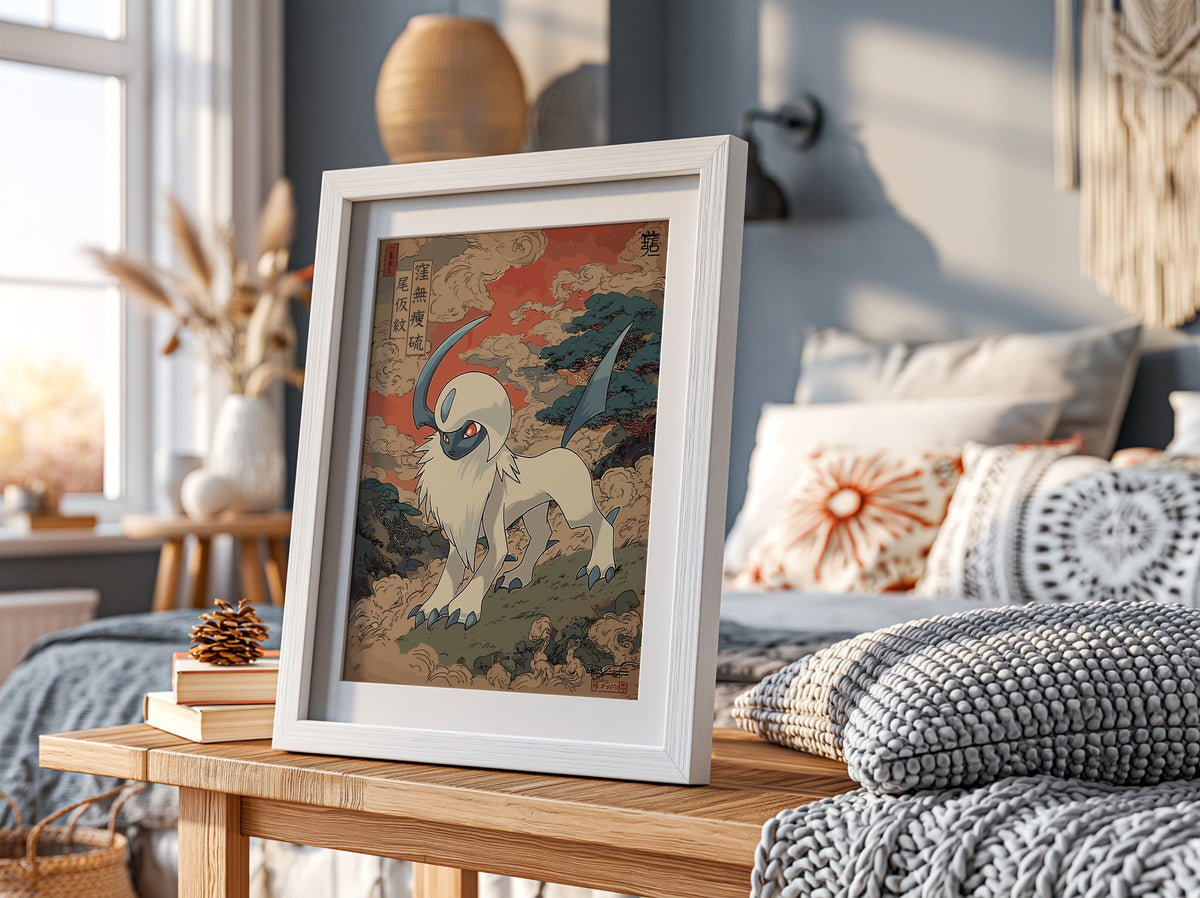 Pokemon poster featuring Absol in Japanese art style with red and blue tones and swirling clouds