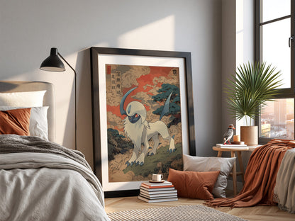Pokemon poster featuring Absol in Japanese art style with red and blue tones and swirling clouds