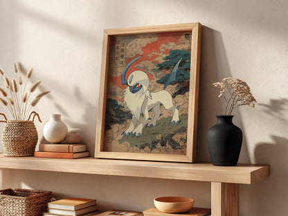 Pokemon poster featuring Absol in Japanese art style with red and blue tones and swirling clouds
