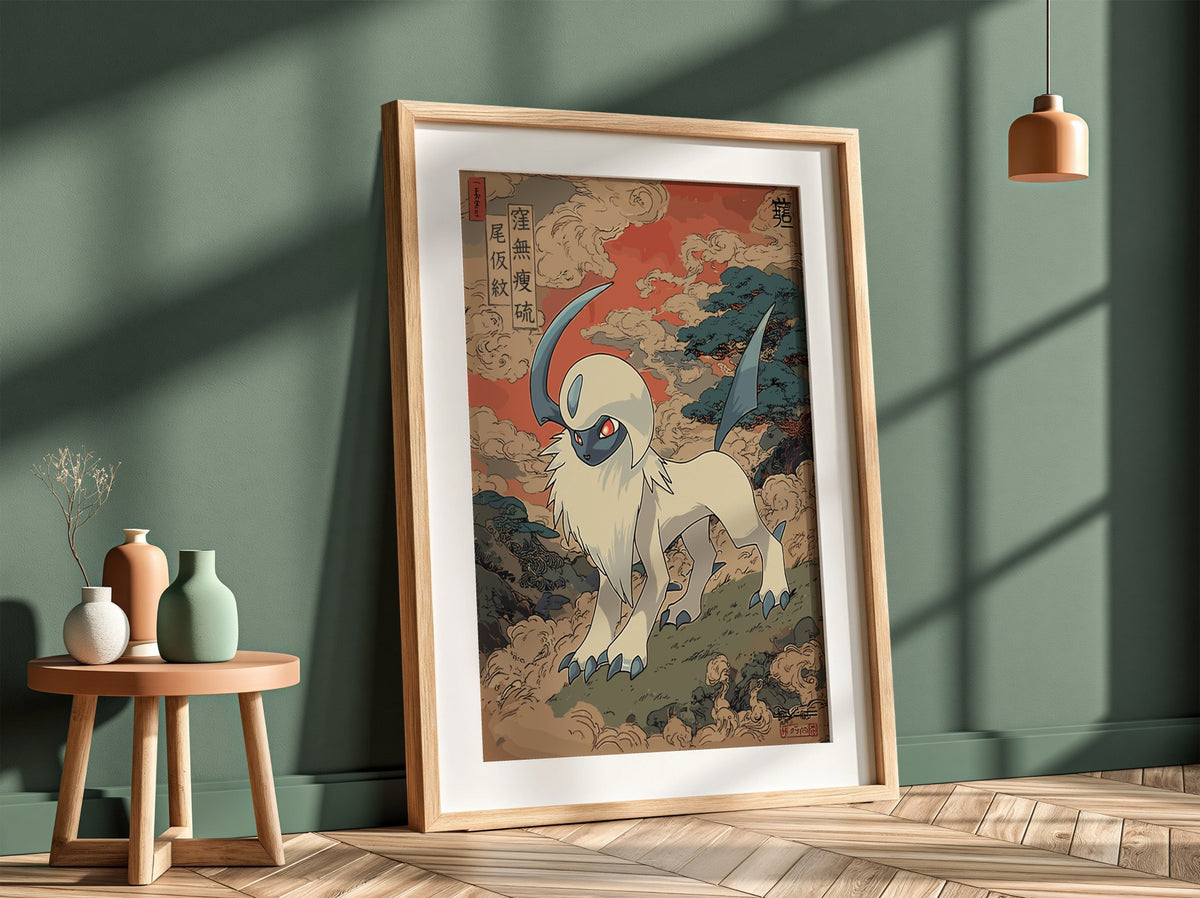 Pokemon poster featuring Absol in Japanese art style with red and blue tones and swirling clouds