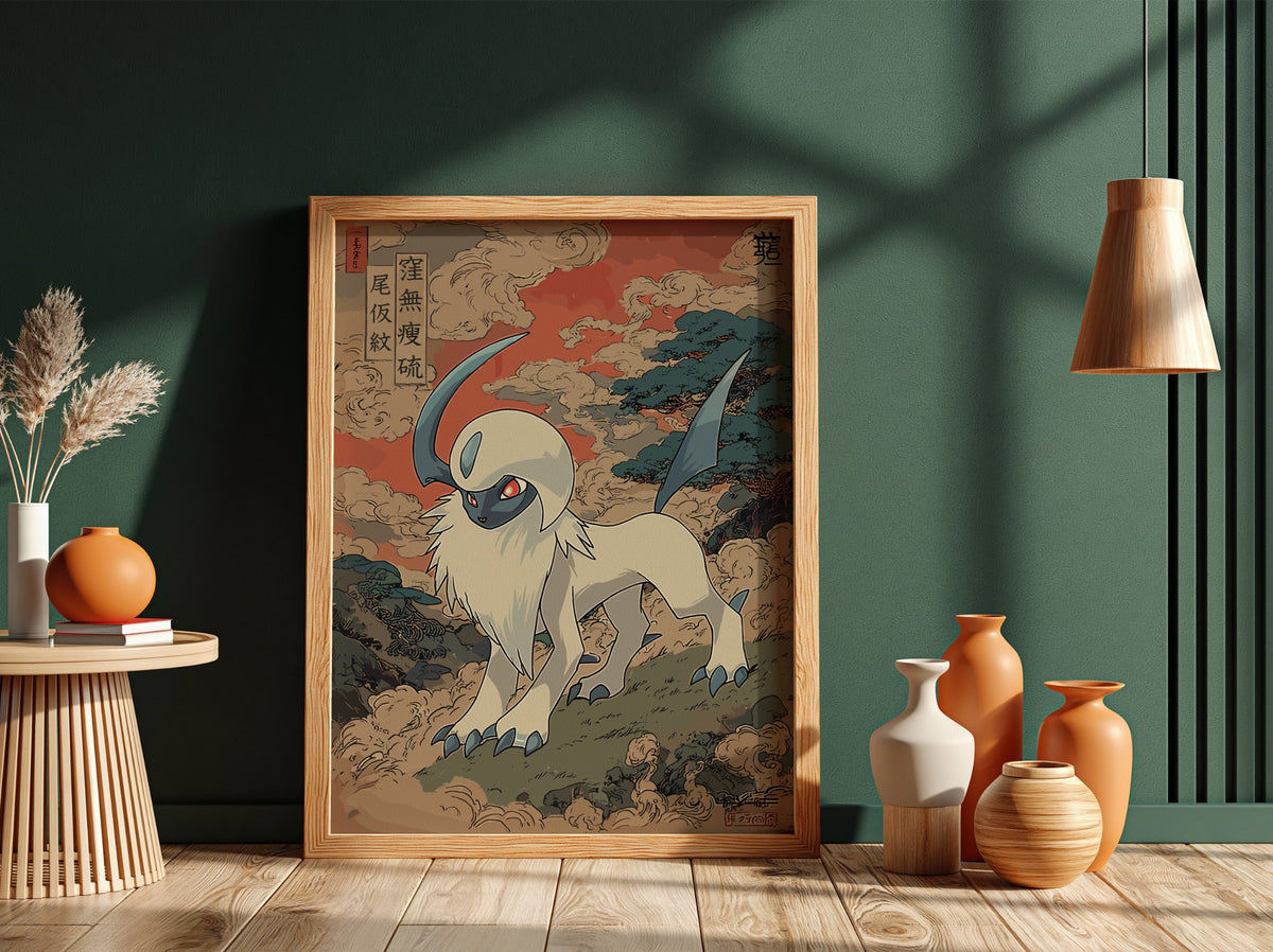 Pokemon poster featuring Absol in Japanese art style with red and blue tones and swirling clouds