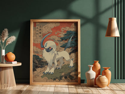 Pokemon poster featuring Absol in Japanese art style with red and blue tones and swirling clouds