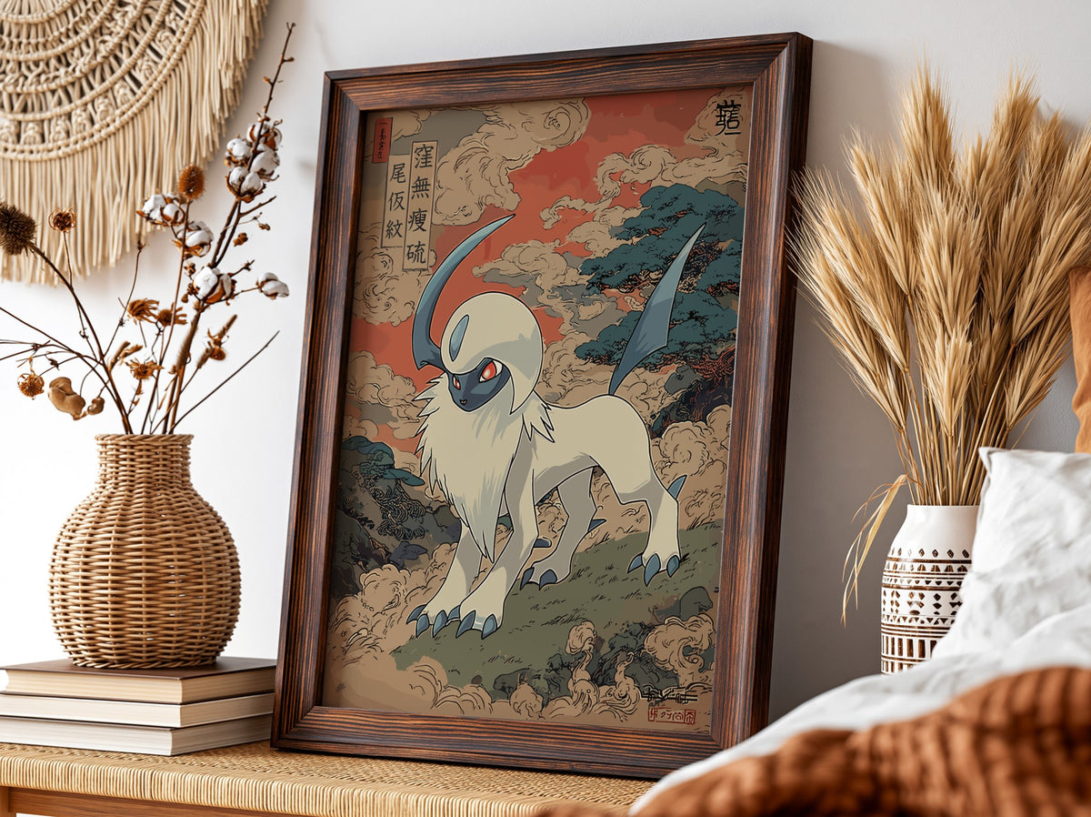 Pokemon poster featuring Absol in Japanese art style with red and blue tones and swirling clouds