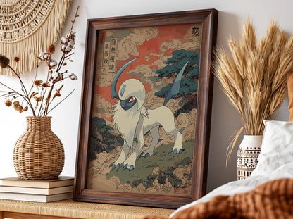 Pokemon poster featuring Absol in Japanese art style with red and blue tones and swirling clouds