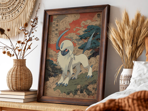 Pokemon poster featuring Absol in Japanese art style with red and blue tones and swirling clouds