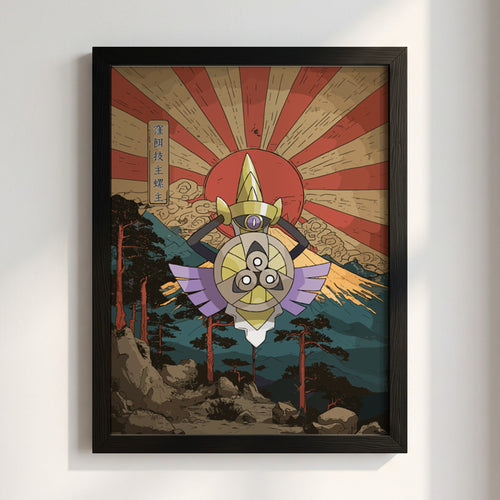 Pokemon poster featuring Aegislash in Japanese style with red sun, mountains, and pine trees