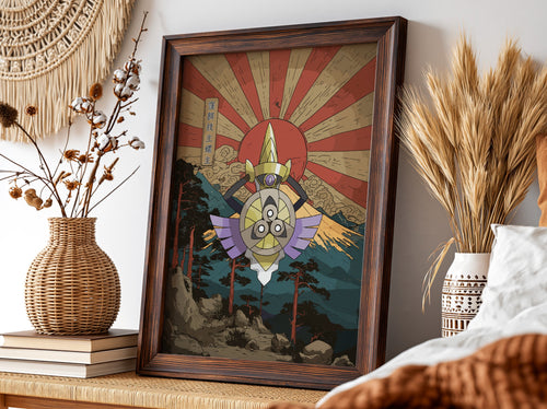 Pokemon poster featuring Aegislash in Japanese style with red sun, mountains, and pine trees