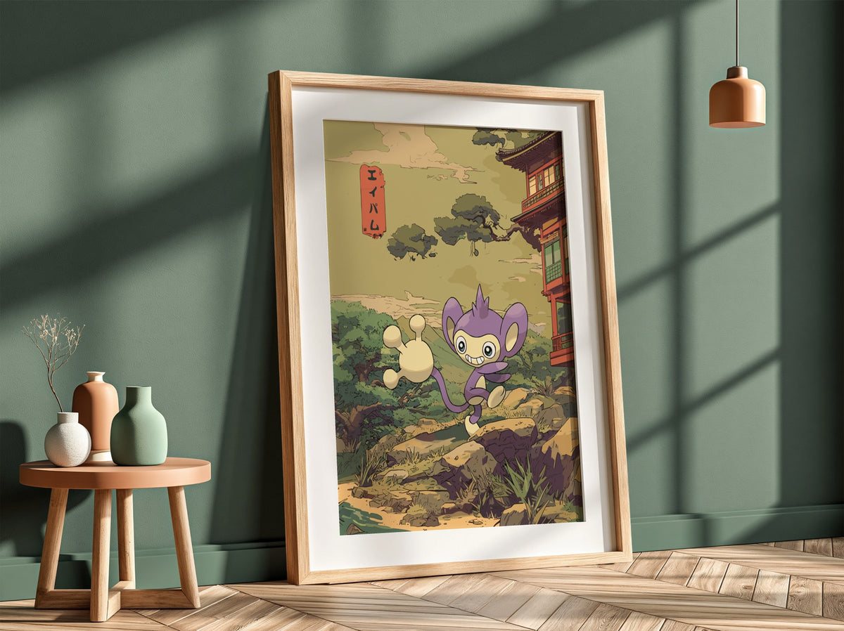 Pokemon poster of Aipom in purple with traditional Japanese landscape and rustic building in soft earthy tones