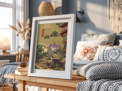 Pokemon poster of Aipom in purple with traditional Japanese landscape and rustic building in soft earthy tones