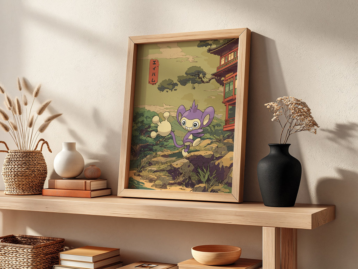 Pokemon poster of Aipom in purple with traditional Japanese landscape and rustic building in soft earthy tones