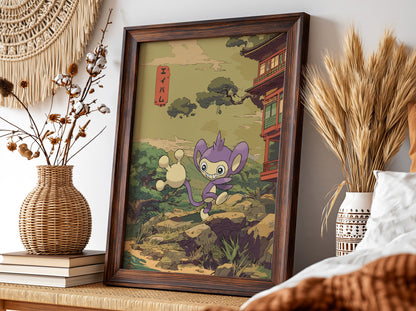 Pokemon poster of Aipom in purple with traditional Japanese landscape and rustic building in soft earthy tones
