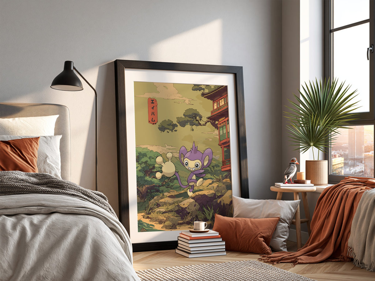 Pokemon poster of Aipom in purple with traditional Japanese landscape and rustic building in soft earthy tones