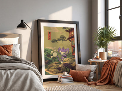 Pokemon poster of Aipom in purple with traditional Japanese landscape and rustic building in soft earthy tones