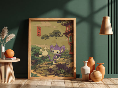Pokemon poster of Aipom in purple with traditional Japanese landscape and rustic building in soft earthy tones