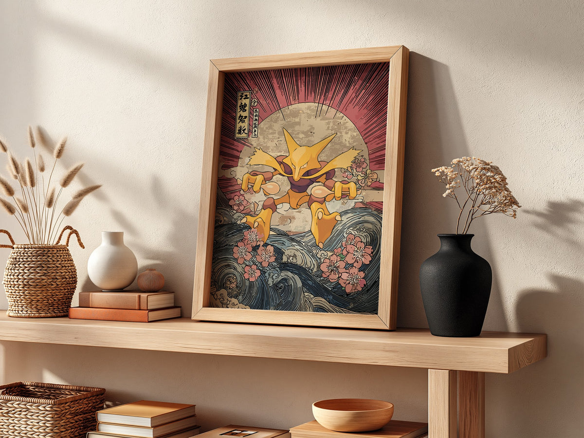 Pokemon poster featuring Alakazam in Japanese ukiyo-e style with red rays, blue waves, and cherry blossoms