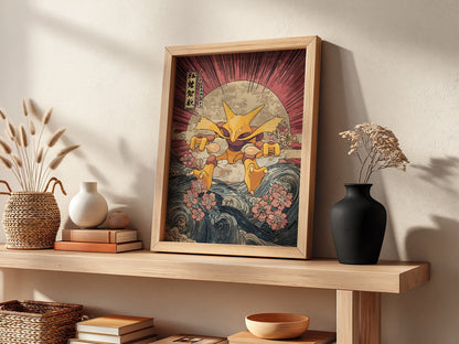 Pokemon poster featuring Alakazam in Japanese ukiyo-e style with red rays, blue waves, and cherry blossoms