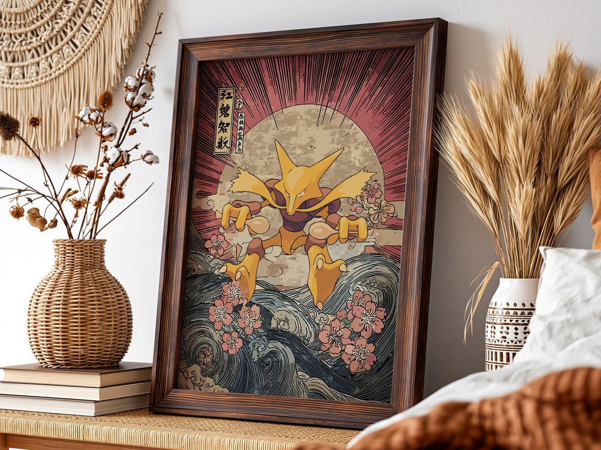 Pokemon poster featuring Alakazam in Japanese ukiyo-e style with red rays, blue waves, and cherry blossoms
