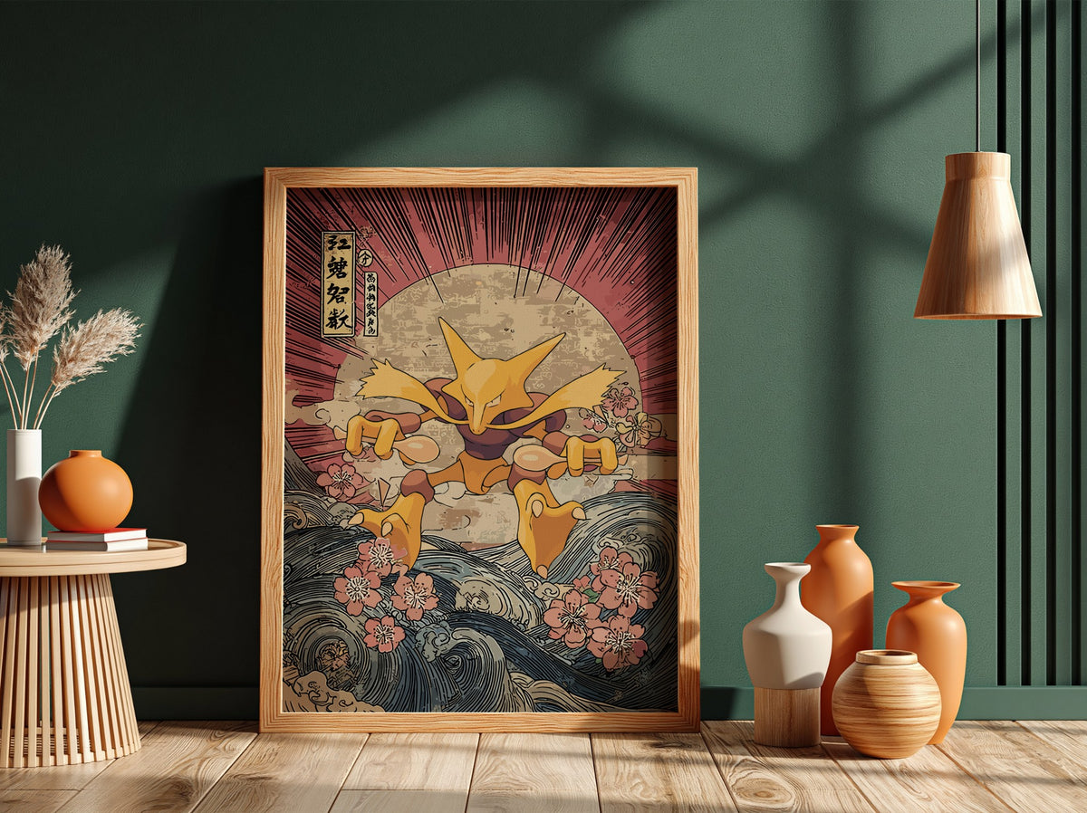 Pokemon poster featuring Alakazam in Japanese ukiyo-e style with red rays, blue waves, and cherry blossoms