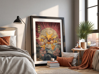 Pokemon poster featuring Alakazam in Japanese ukiyo-e style with red rays, blue waves, and cherry blossoms