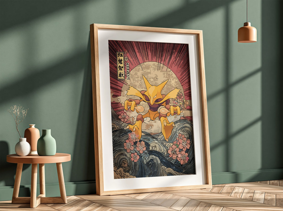 Pokemon poster featuring Alakazam in Japanese ukiyo-e style with red rays, blue waves, and cherry blossoms