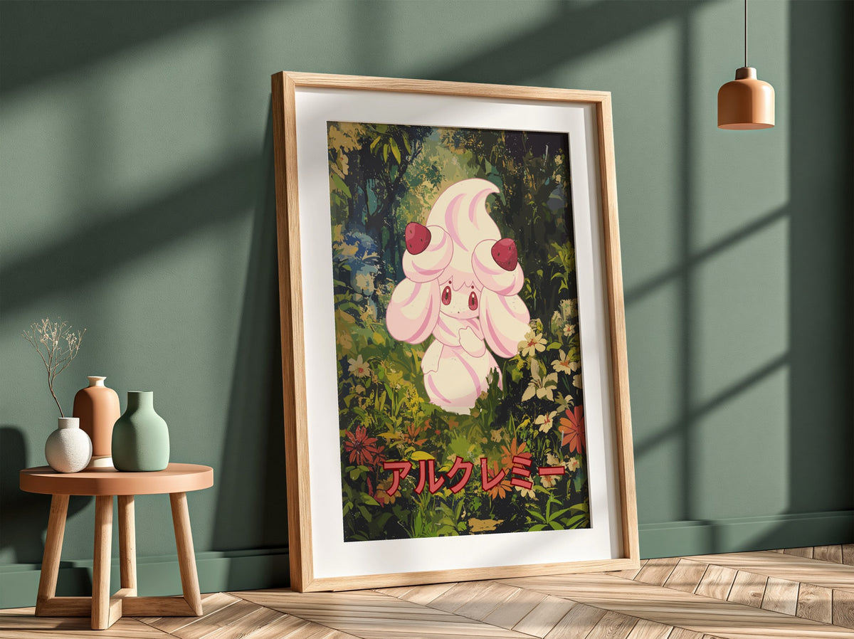 Poster wall decor featuring Alcremie character with pastel pink cream and strawberries in a lush forest with