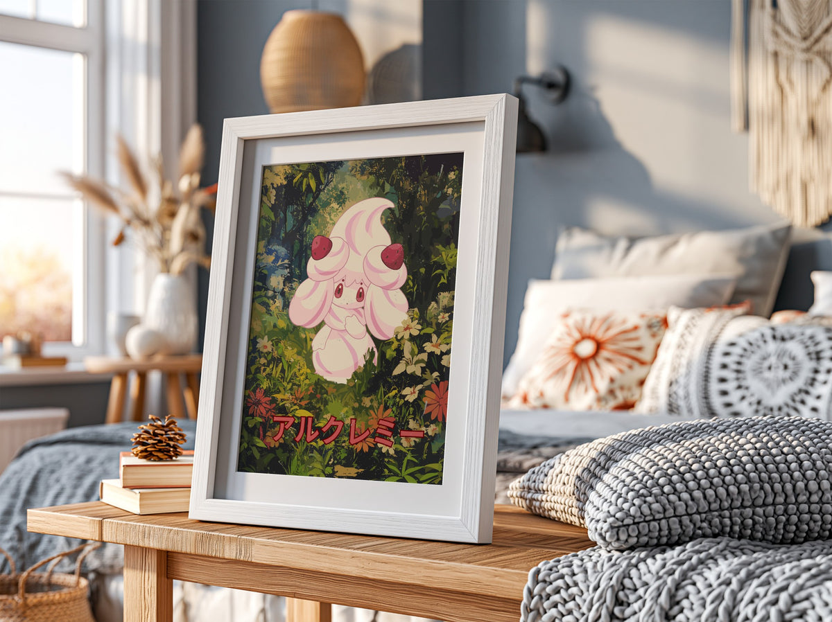 Poster wall decor featuring Alcremie character with pastel pink cream and strawberries in a lush forest with