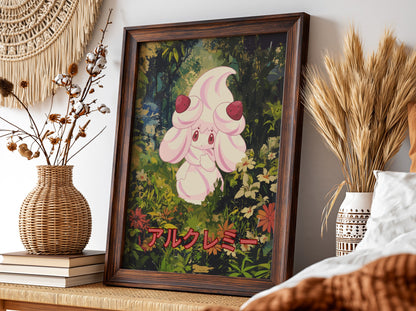 Poster wall decor featuring Alcremie character with pastel pink cream and strawberries in a lush forest with