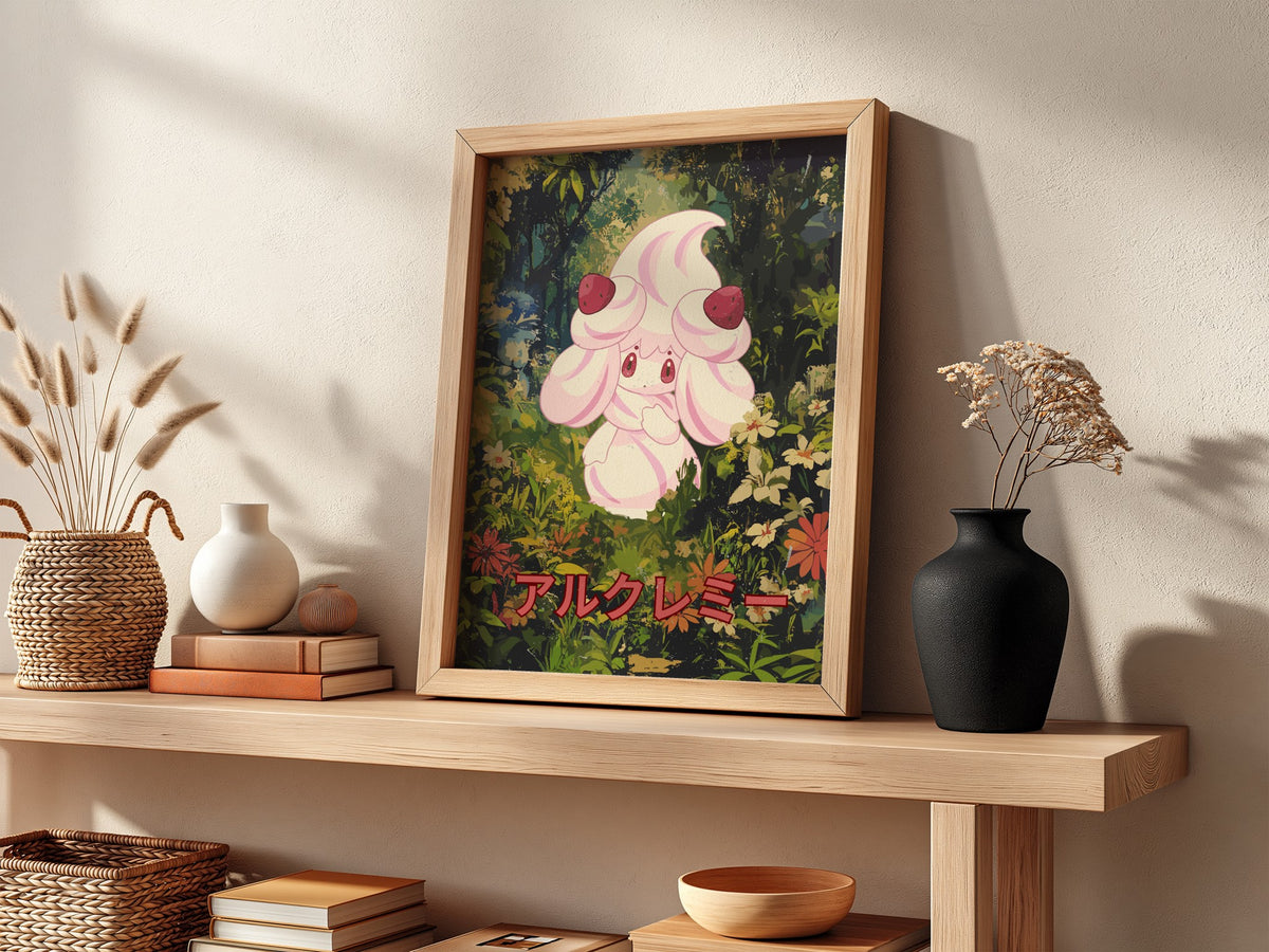Poster wall decor featuring Alcremie character with pastel pink cream and strawberries in a lush forest with