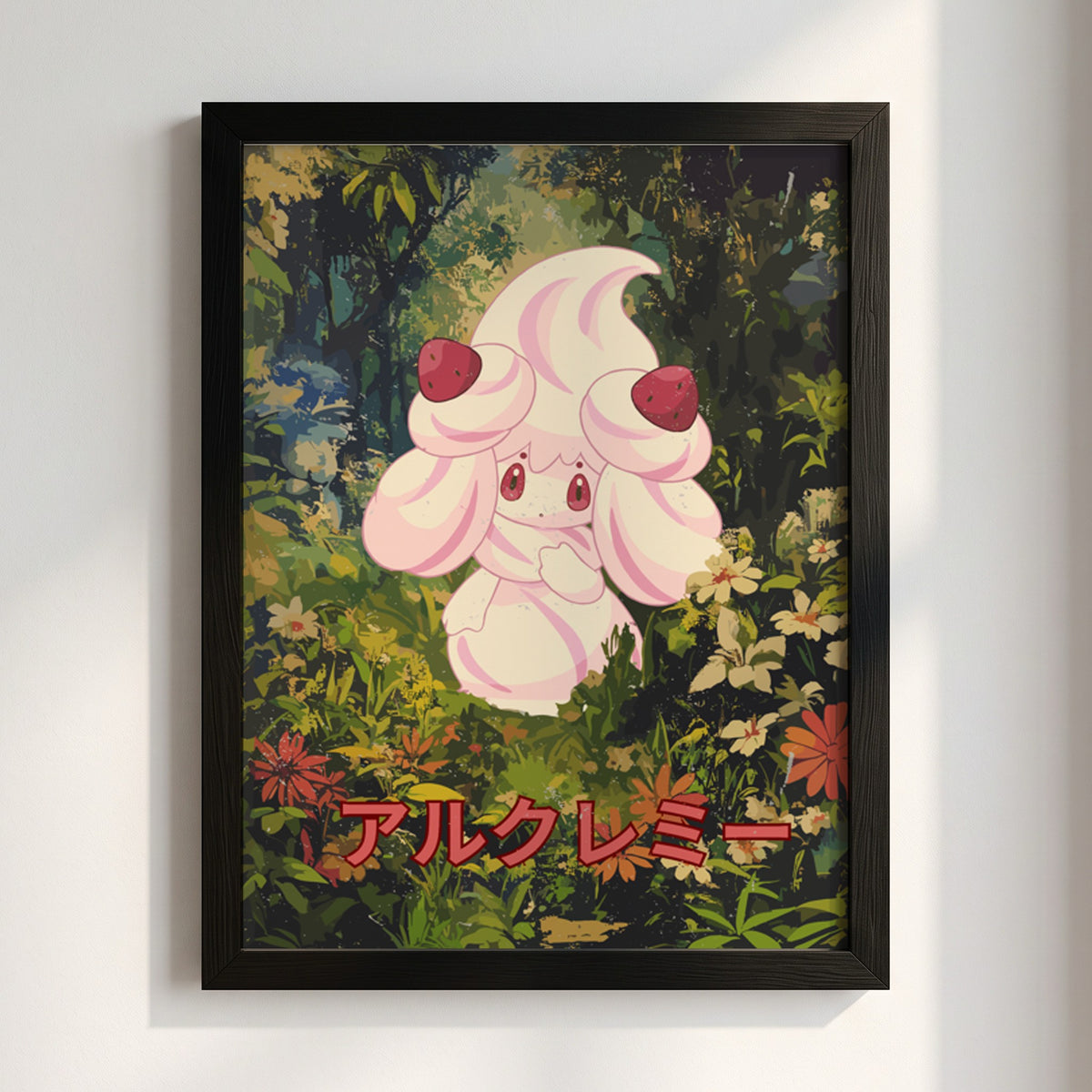 Poster wall decor featuring Alcremie character with pastel pink cream and strawberries in a lush forest with
