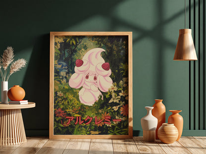 Poster wall decor featuring Alcremie character with pastel pink cream and strawberries in a lush forest with
