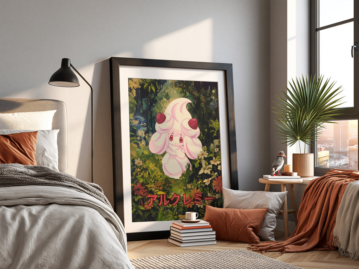Poster wall decor featuring Alcremie character with pastel pink cream and strawberries in a lush forest with