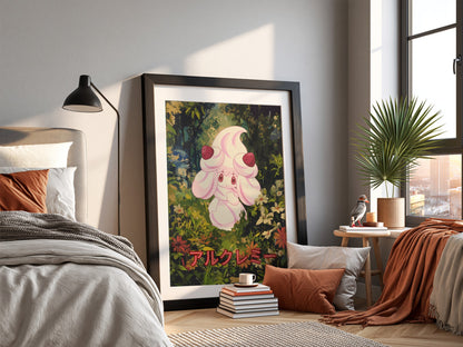 Poster wall decor featuring Alcremie character with pastel pink cream and strawberries in a lush forest with