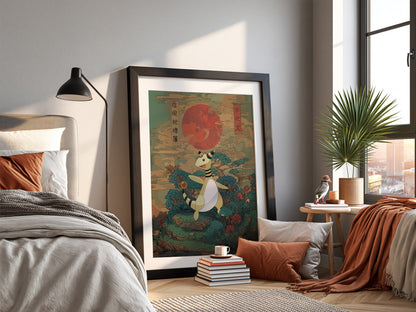 Pokemon poster featuring Ampharos with red sun and Japanese traditional style background in green and blue
