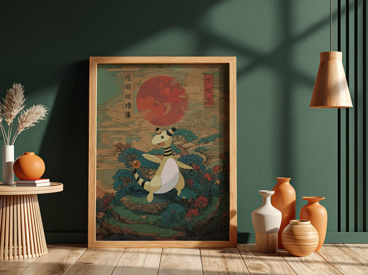 Pokemon poster featuring Ampharos with red sun and Japanese traditional style background in green and blue