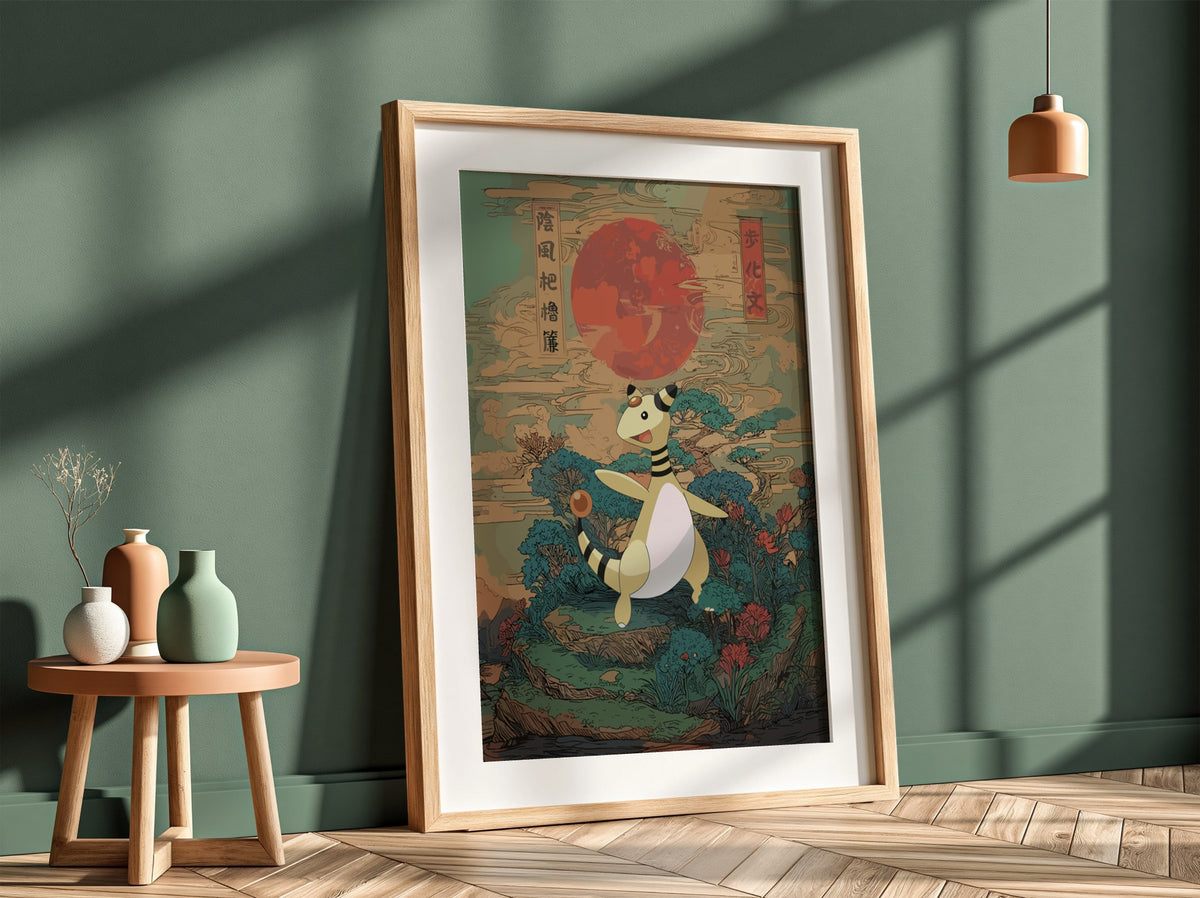 Pokemon poster featuring Ampharos with red sun and Japanese traditional style background in green and blue