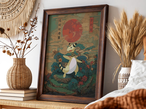 Pokemon poster featuring Ampharos with red sun and Japanese traditional style background in green and blue