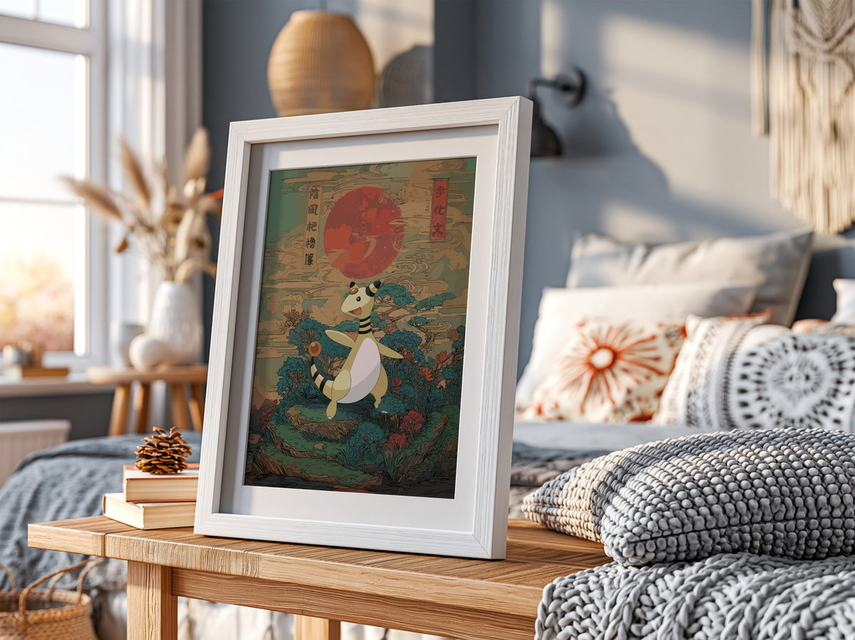 Pokemon poster featuring Ampharos with red sun and Japanese traditional style background in green and blue