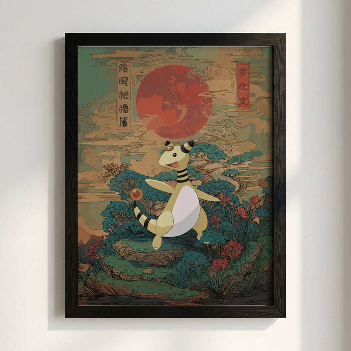 Pokemon poster featuring Ampharos with red sun and Japanese traditional style background in green and blue