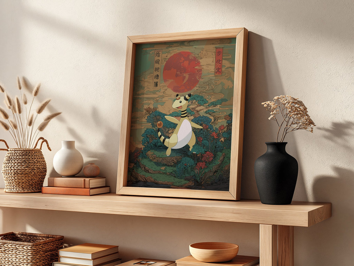 Pokemon poster featuring Ampharos with red sun and Japanese traditional style background in green and blue