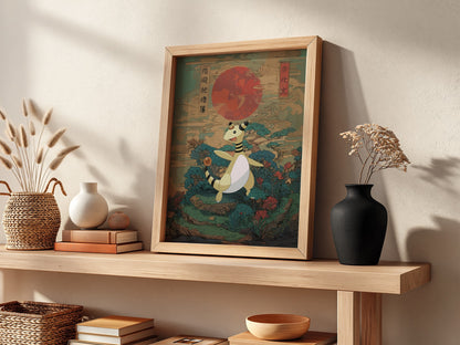 Pokemon poster featuring Ampharos with red sun and Japanese traditional style background in green and blue