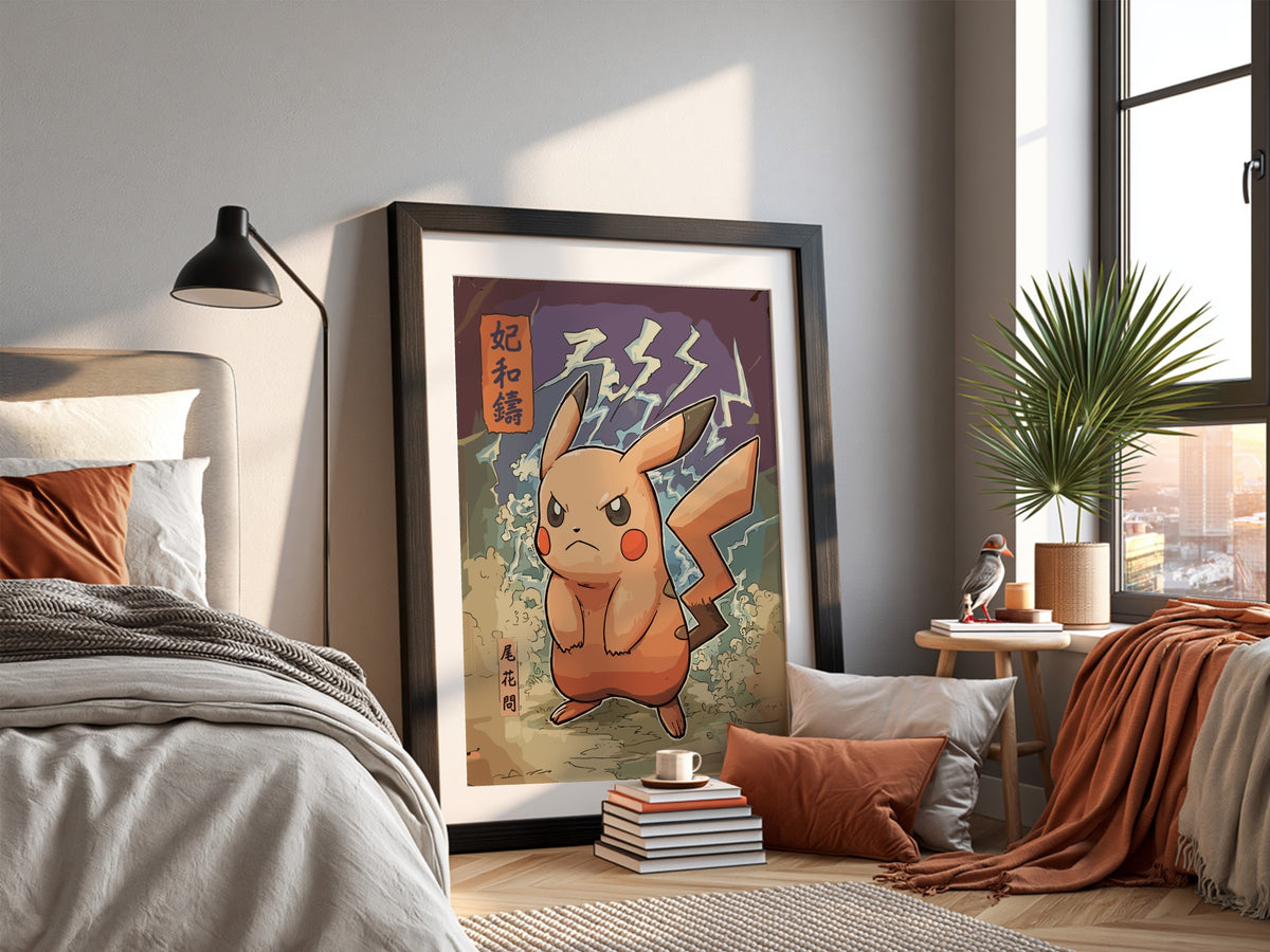 Pokemon poster of Angry Pikachu with bold orange and red colors and electrifying background