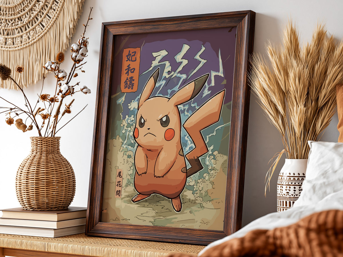 Pokemon poster of Angry Pikachu with bold orange and red colors and electrifying background
