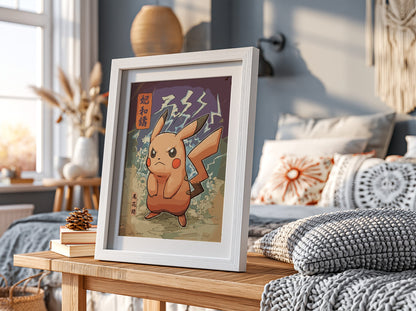 Pokemon poster of Angry Pikachu with bold orange and red colors and electrifying background