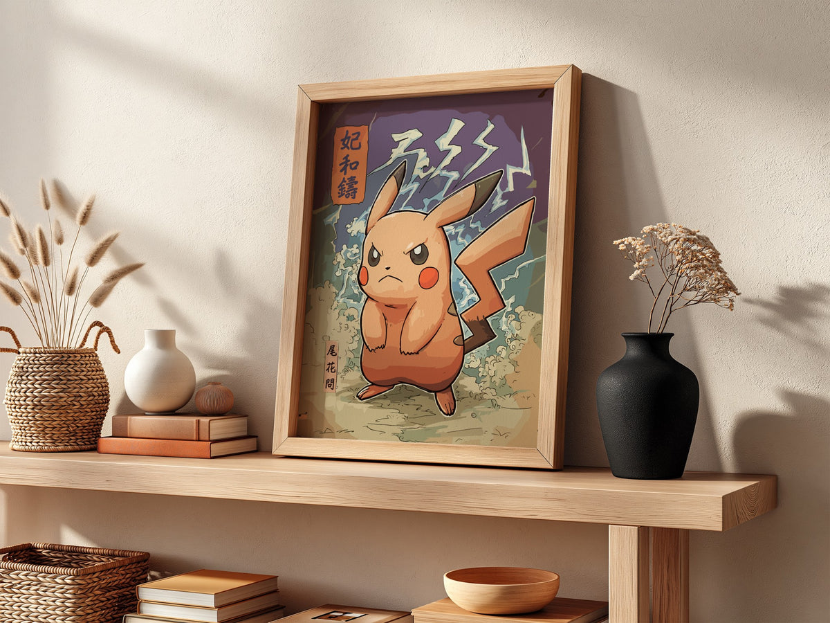 Pokemon poster of Angry Pikachu with bold orange and red colors and electrifying background