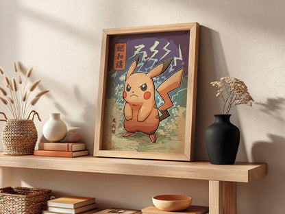 Pokemon poster of Angry Pikachu with bold orange and red colors and electrifying background