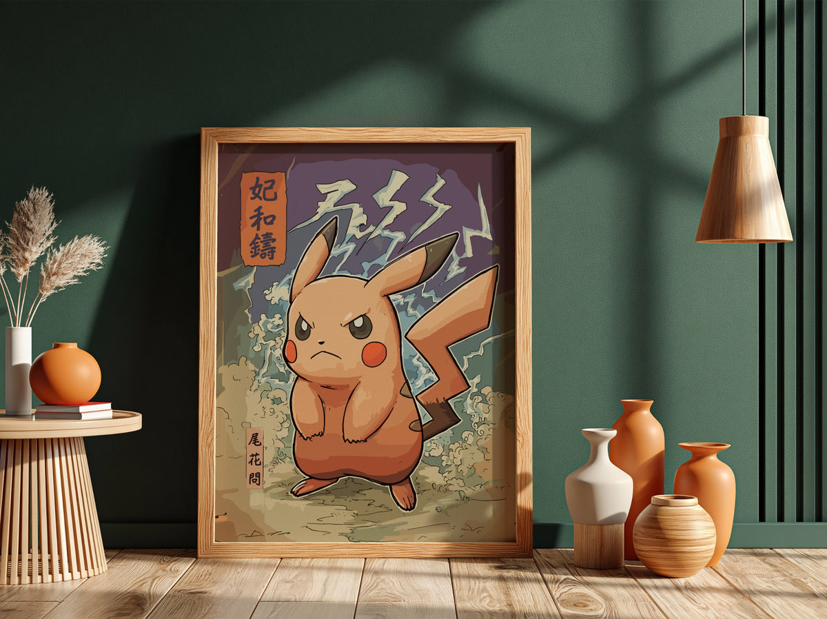 Pokemon poster of Angry Pikachu with bold orange and red colors and electrifying background